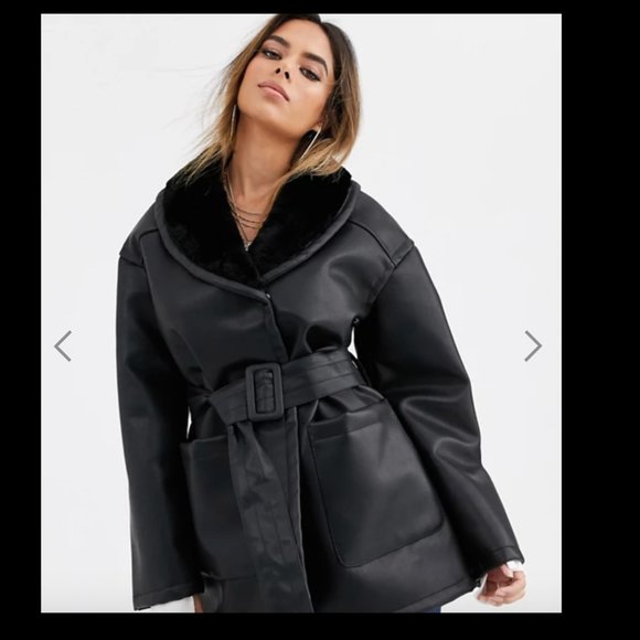 ASOS DESIGN luxe leather look wrap over jacket - Picture 1 of 3